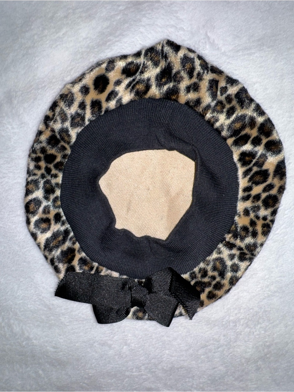 Leopard Print Beret with Black Trim and removable Bow